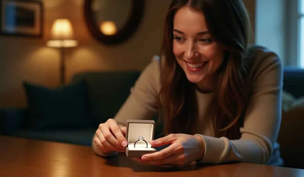 A woman smiles as she holds an open ring box displaying a diamond ring. She is sitting at a table with a lit lamp and mirror in the background.
