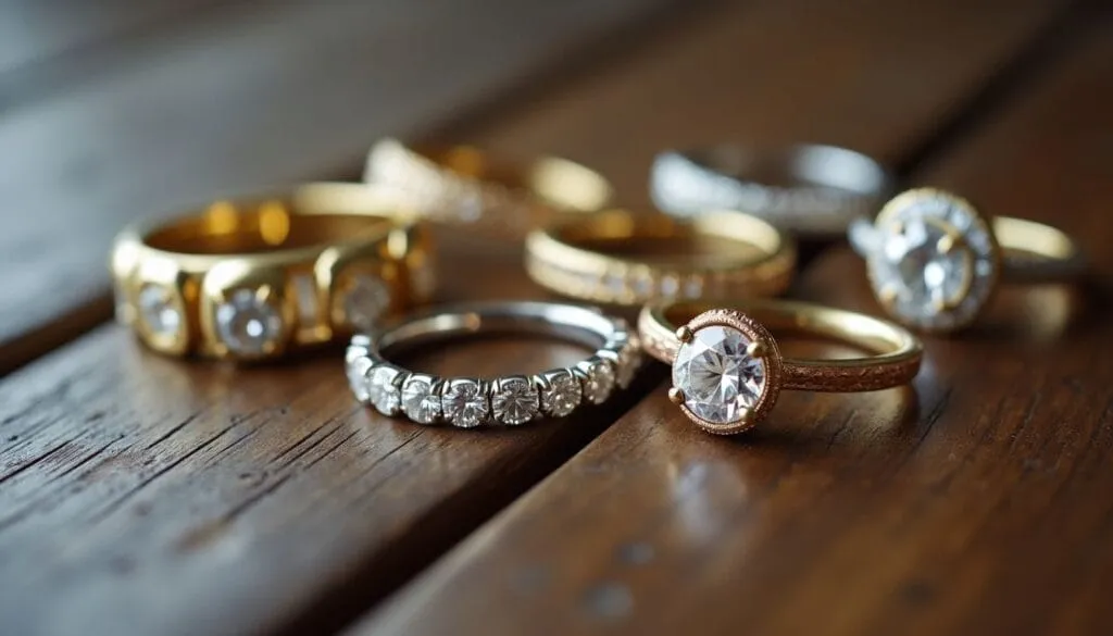 A selection of gold and silver rings with various diamond settings displayed on a wooden surface.