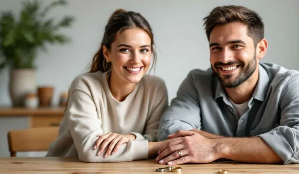 A smiling couple sits at a table, resting their arms on it, with two rings placed in front of them.