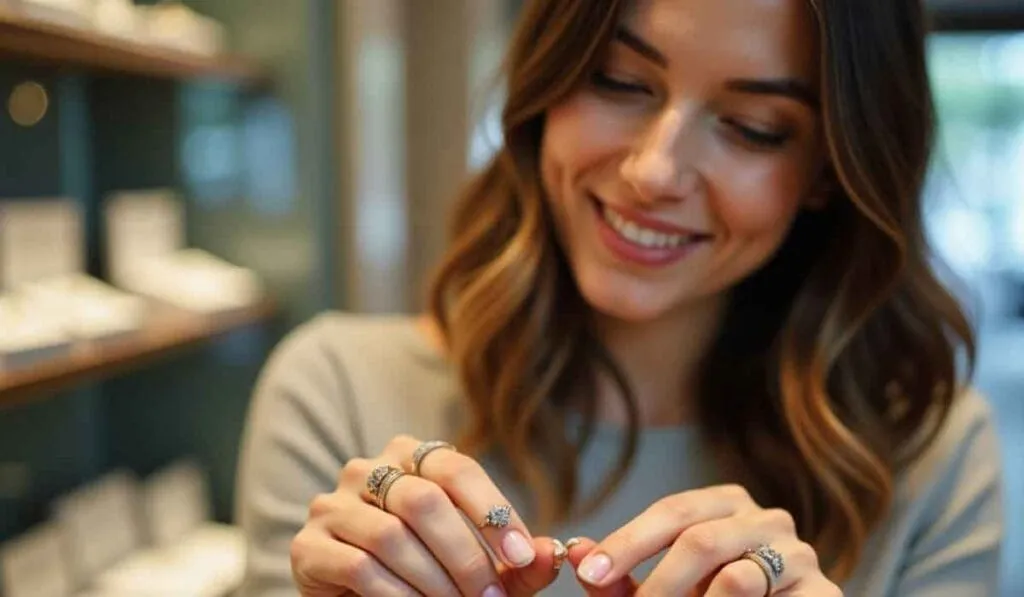 A woman smiling while trying on rings in a jewelry store.