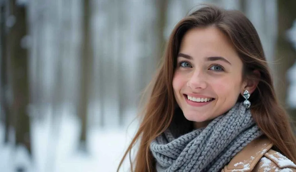 A woman with long brown hair and a gray scarf smiles in a snowy forest.
