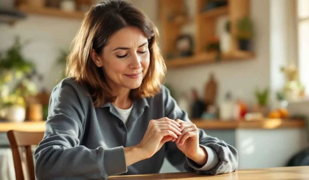 A woman sits at a wooden table in a cozy room, looking down and smiling softly.