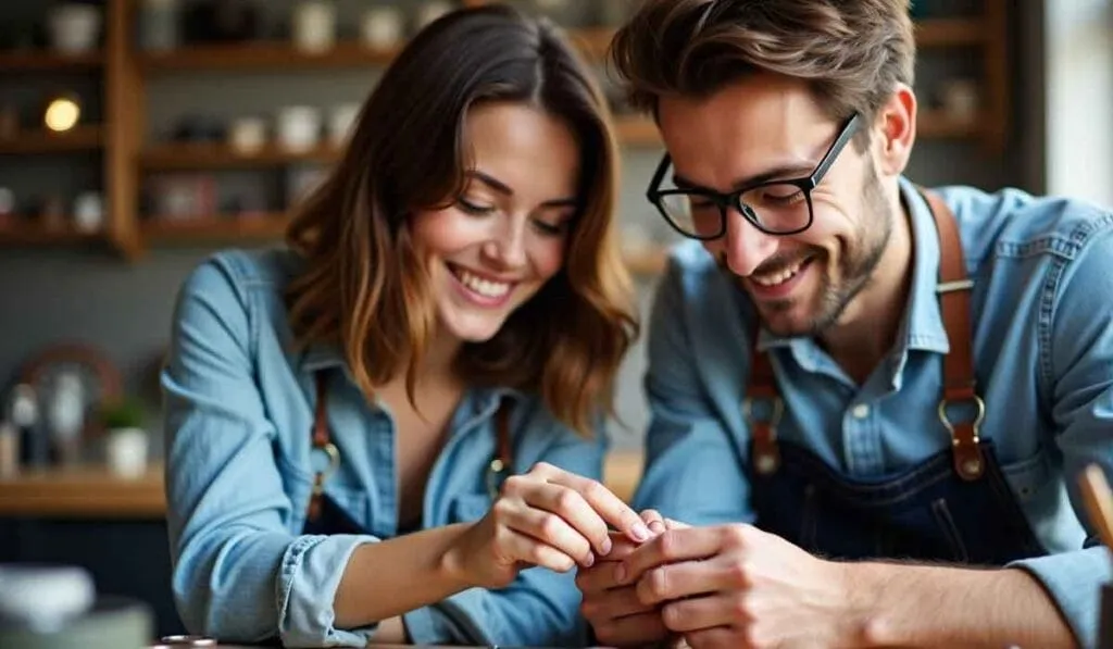 Two people in denim shirts and aprons are smiling and working together at a table, focusing on a small object in their hands. Shelves with jars are in the background.