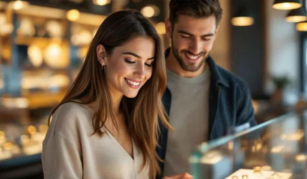 A couple smiles while browsing jewelry in a well-lit store.