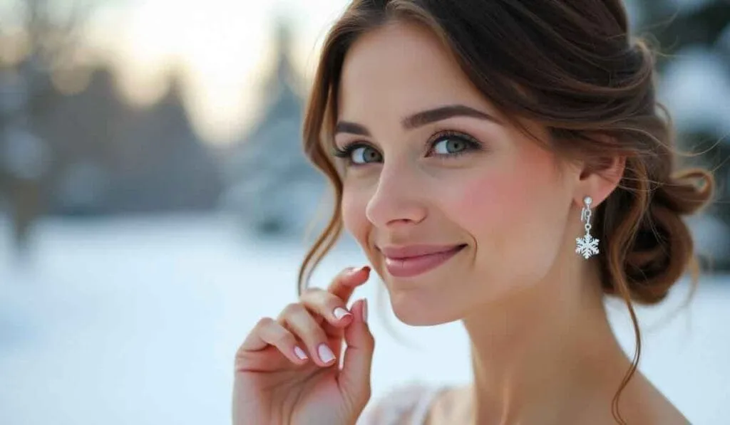 A woman with snowflake earrings smiles outdoors, with a snowy backdrop.
