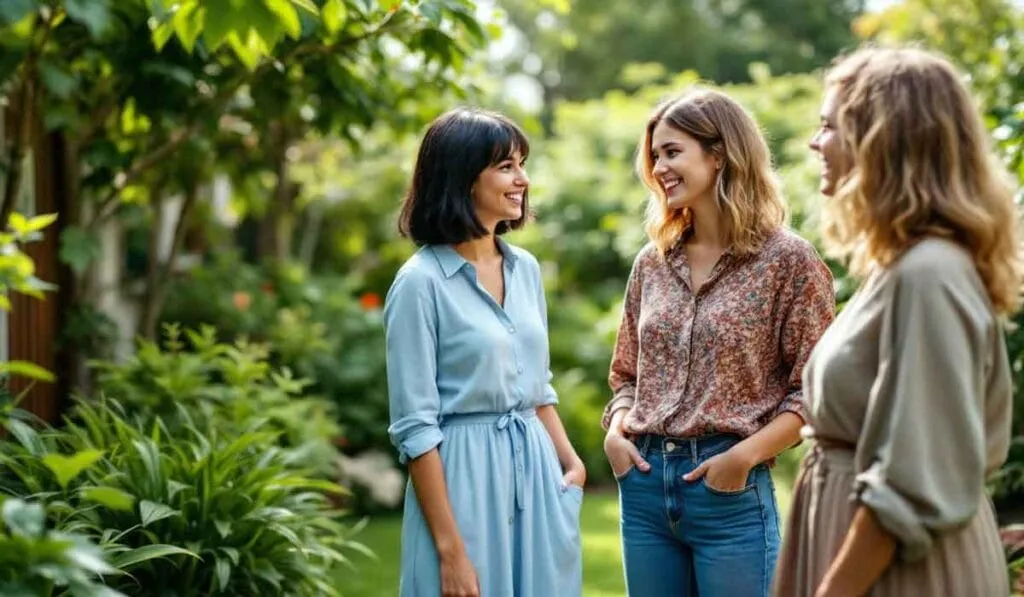 Three women standing and talking in a lush garden setting on a sunny day, surrounded by greenery and plants.