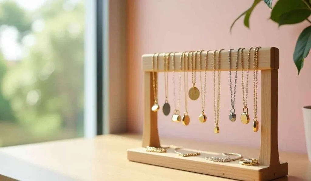 A wooden jewelry stand displays multiple gold necklaces hanging in front of a window with greenery outside.