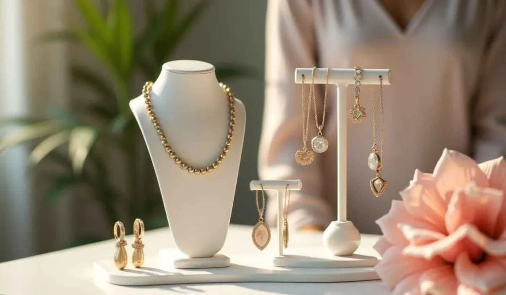 A variety of elegant jewelry pieces, including necklaces, earrings, and a bracelet, are displayed on white stands. There is a person in the background, and a large pink flower in the foreground.