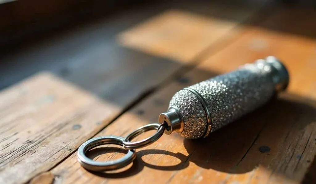 A sparkly, textured keychain with two rings lies on a wooden surface, illuminated by sunlight.