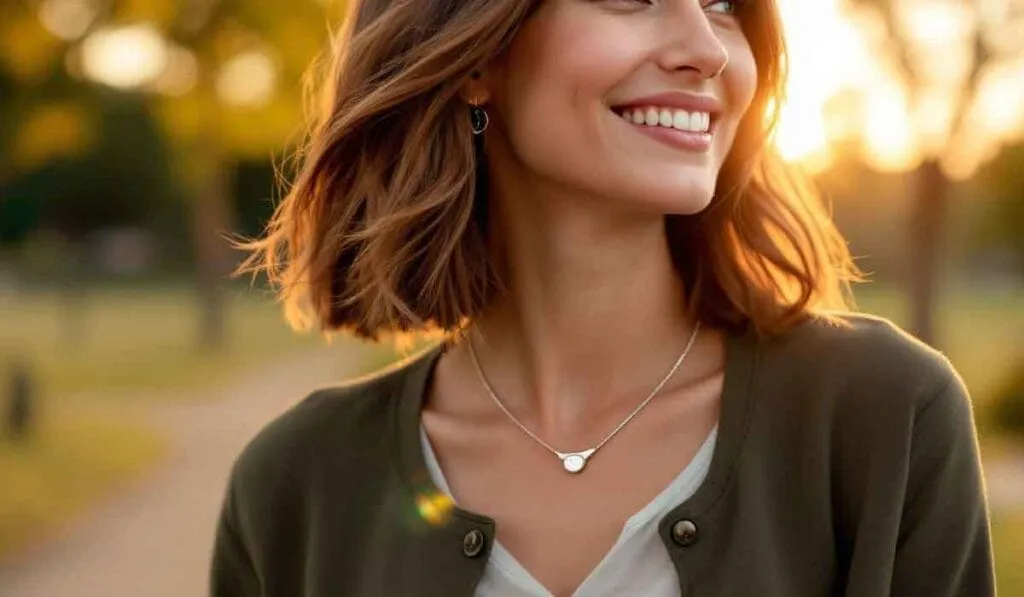 A woman with shoulder-length brown hair smiles while standing outside. She wears a green cardigan, white top, and necklace. The background shows trees and sunlight.