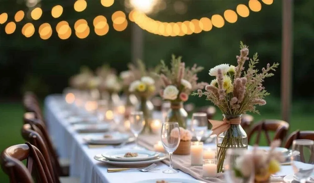 A long outdoor table set for an event, adorned with floral arrangements, candles, and hanging string lights, creating a warm, festive atmosphere.