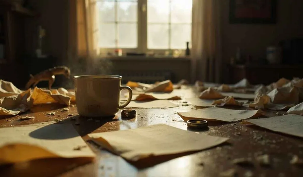 A mug sits on a cluttered table covered with crumpled and flat papers, a pair of rings, and debris in a sunlit room with a window in the background.
