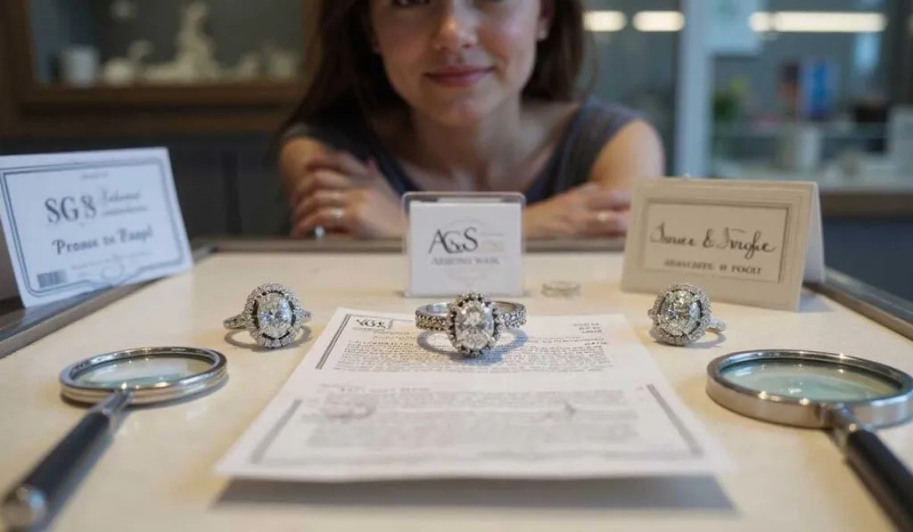 A woman looks at diamond rings displayed on a tray alongside magnifying glasses, informational cards, and a certification document.