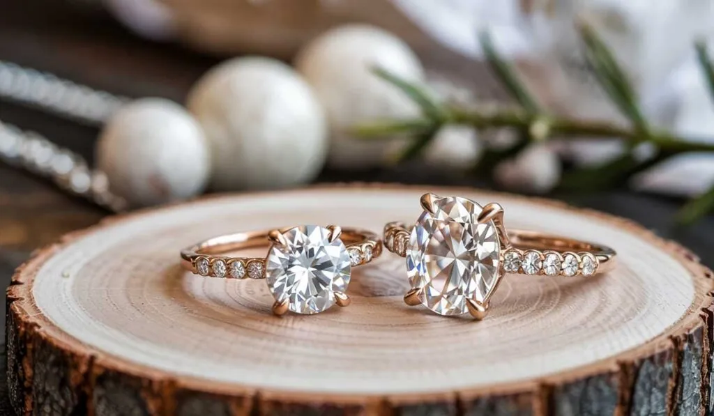 Two gold rings with large clear gemstones and smaller accent stones are displayed on a wooden slice, with decorative elements blurred in the background.