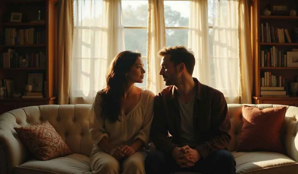 A woman and a man sit closely together on a white sofa, facing each other, in a warmly lit living room with shelves and a window in the background.