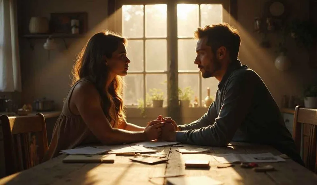 A couple sits across from each other at a wooden table, holding hands and talking, with sunlight streaming through a window behind them.