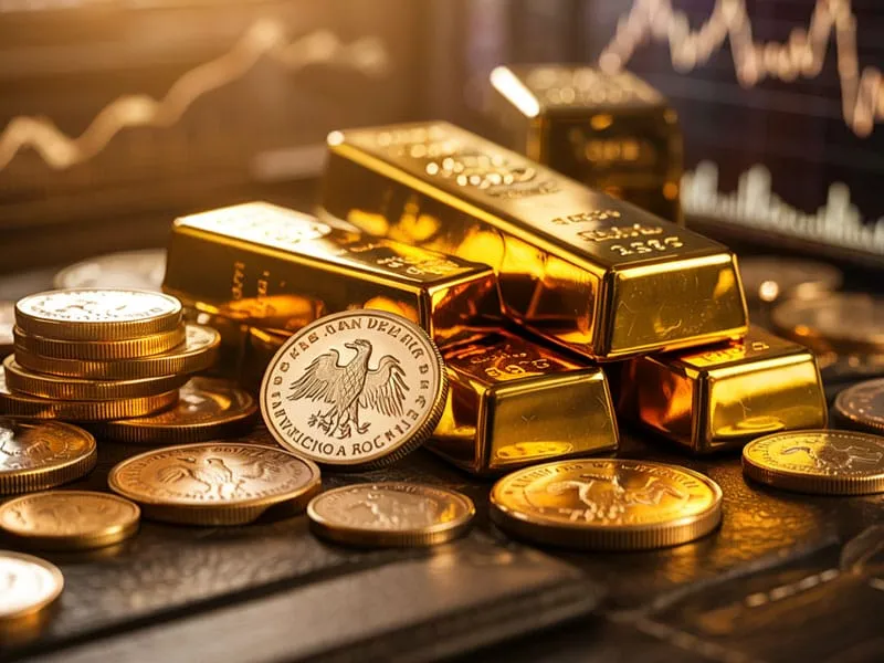 Stacks of gold bars and various gold coins are displayed on a table with financial graphs in the background.