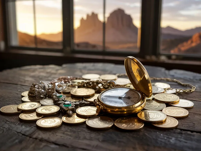 A gold pocket watch, coins, and jewelry rest on a wooden table with mountains and a sunset visible through the window in the background.