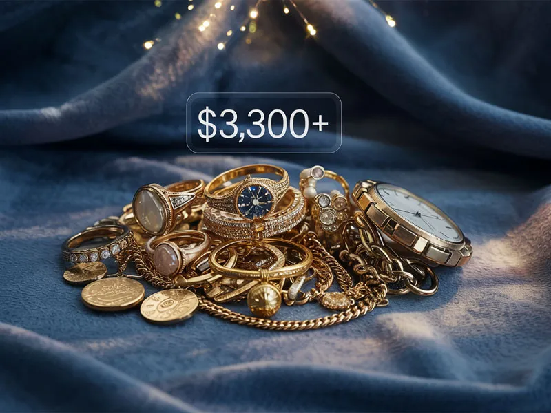 A variety of gold and diamond jewelry, including rings, watches, bracelets, and coins, on a blue fabric. Text overlay reads: "$3,300+".