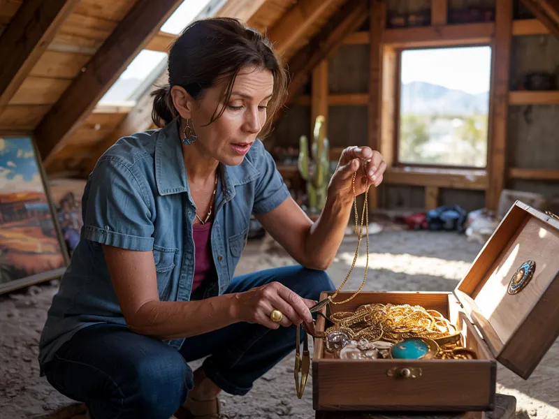 A woman kneels in an attic, examining gold jewelry and trinkets from an open wooden chest. Sunlight enters through a window, illuminating the scene.