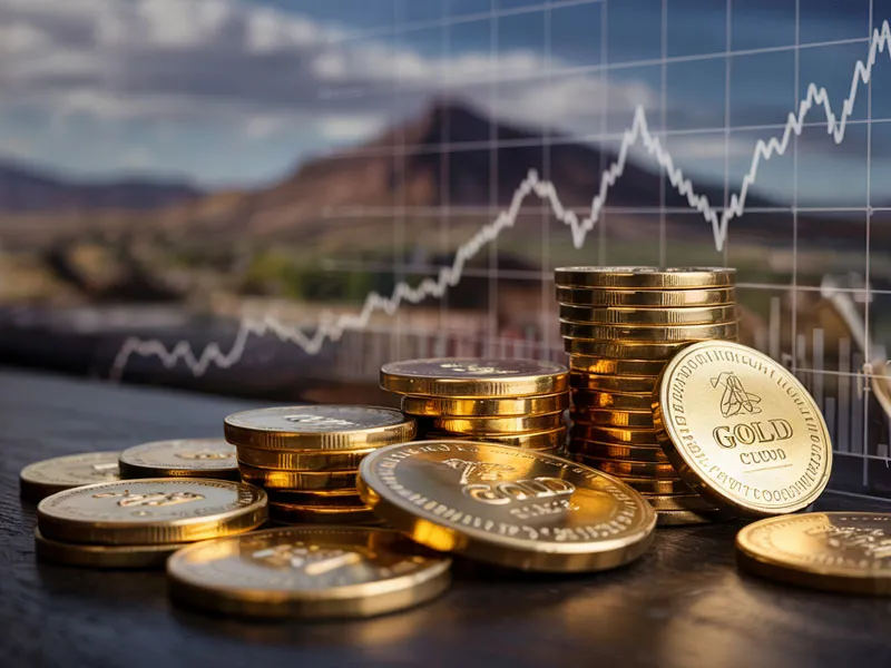 Stacks of gold coins labeled "GOLD COIN" on a table with a rising stock market graph and a blurred mountainous landscape in the background.