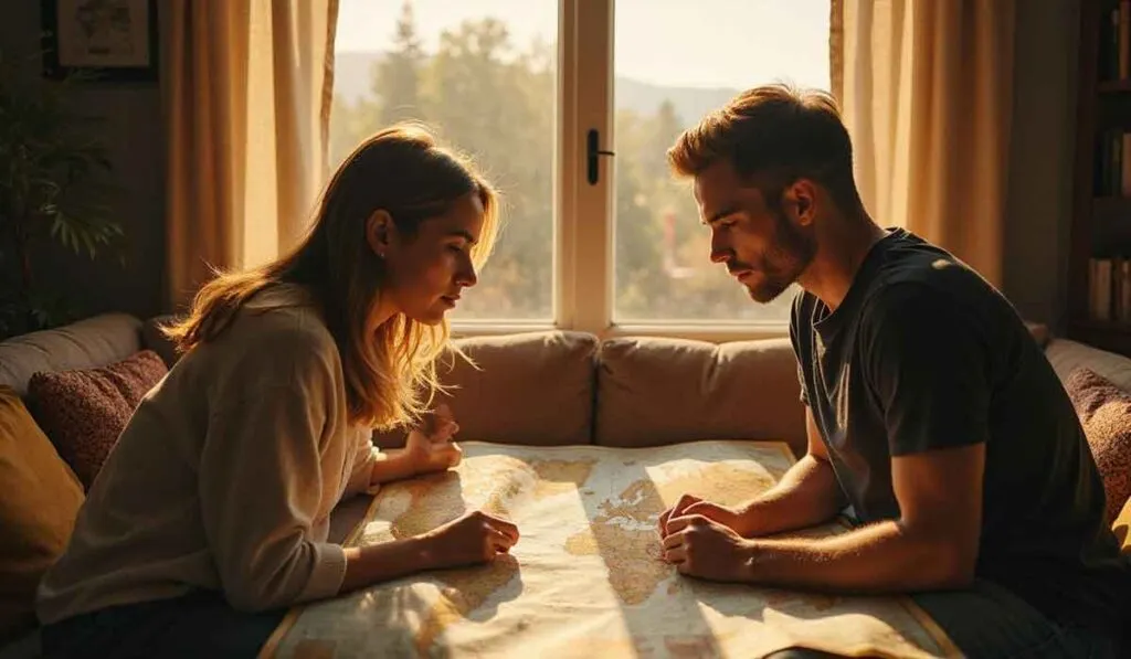 A woman and a man sit across from each other at a table, looking at a large map spread out between them in a sunlit room.