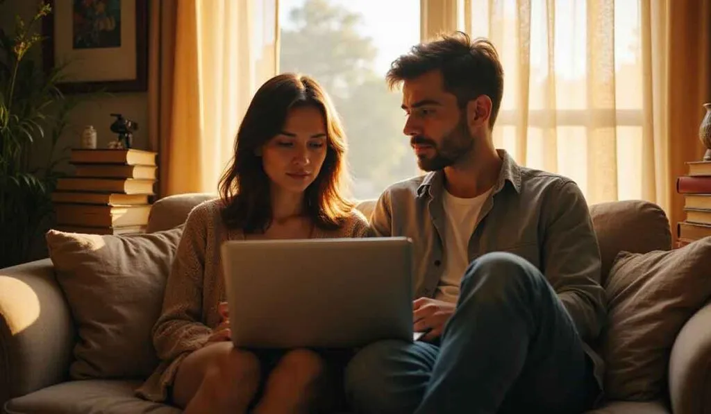 A woman and man sit together on a couch, looking at an open laptop, with sunlight streaming through the window behind them.