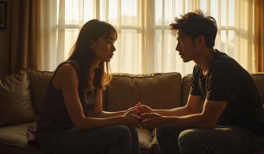 A woman and a man sit on a sofa facing each other, holding hands and having a serious conversation in a sunlit room.