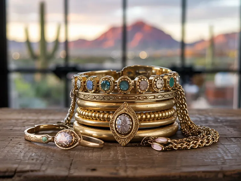 A collection of gold jewelry with gemstones, including bangles, a necklace, and rings, displayed on a wooden surface with a desert landscape visible through a window in the background.