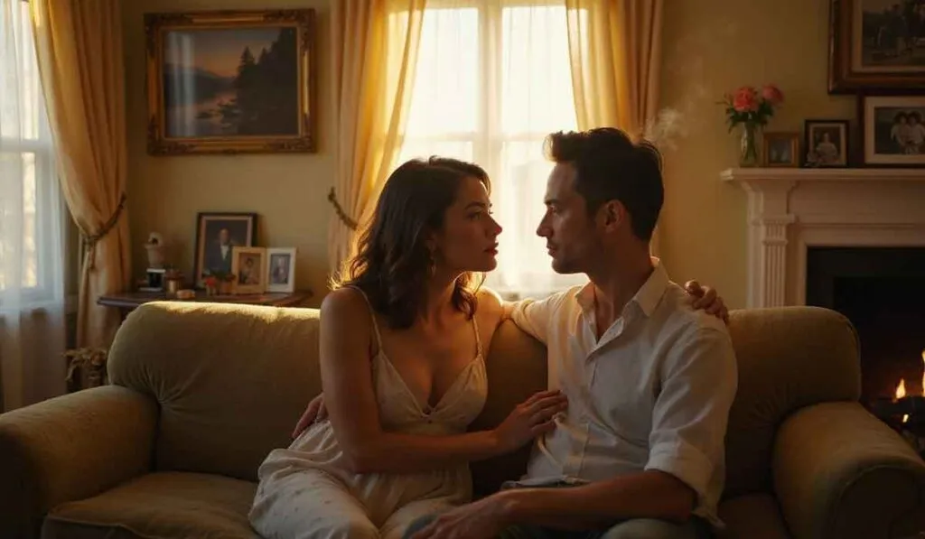 A woman and man sit closely together on a sofa in a warmly lit living room, gazing at each other. Family photos and flowers decorate the background.