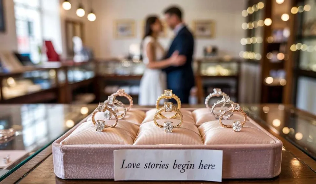 Diamond engagement rings are displayed in a jewelry store, with a blurred couple in formal attire standing in the background. A sign reads, "Love stories begin here.