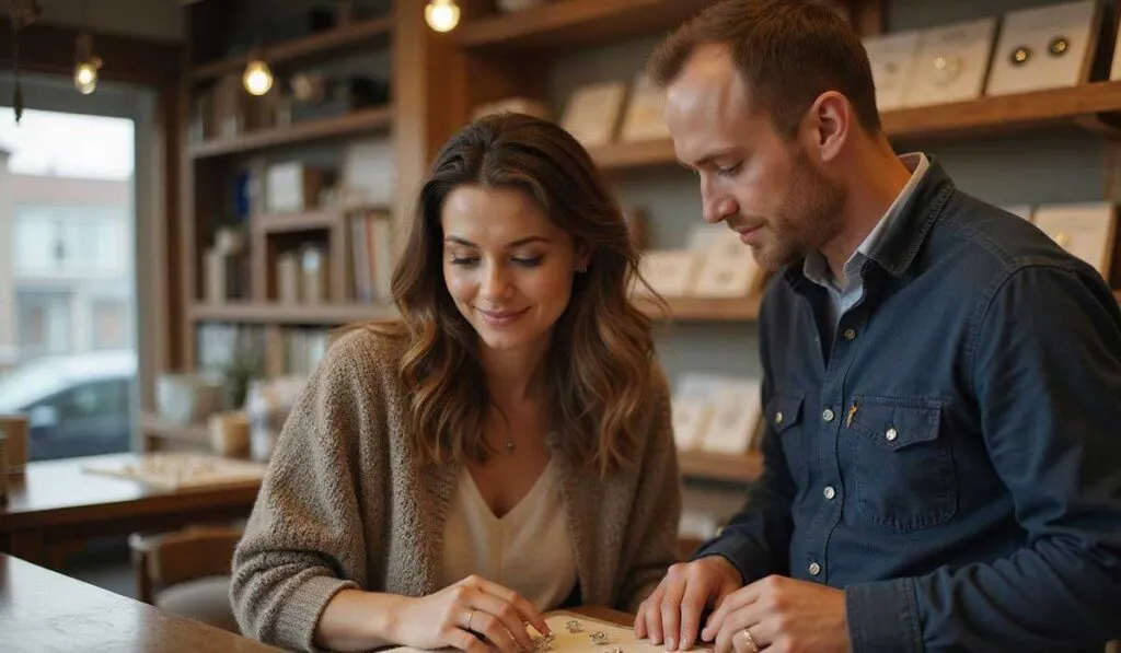A woman and a man look at a selection of jewelry in a well-lit shop with shelves displaying various items in the background.