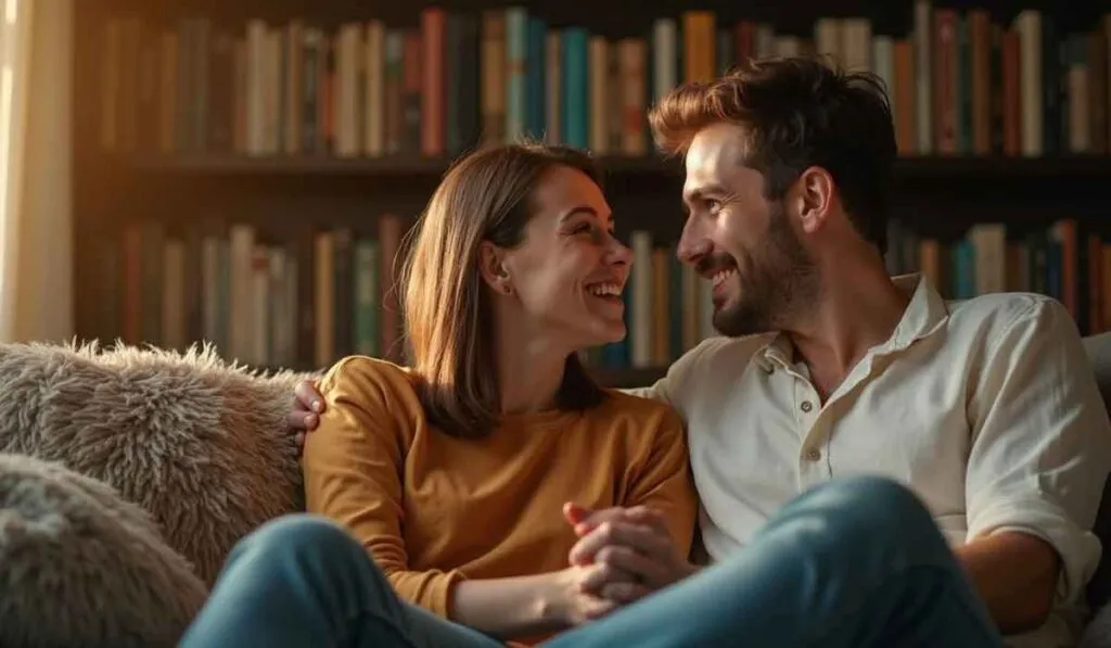 A man and woman sit close together on a couch, smiling and holding hands, with a bookshelf in the background.