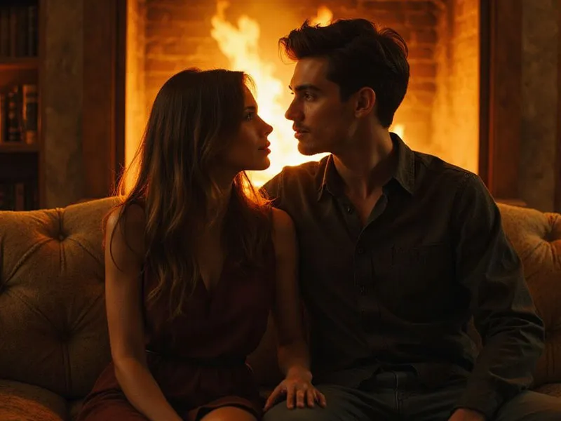 A man and woman sit closely together on a sofa, facing each other, with a fireplace burning brightly in the background.