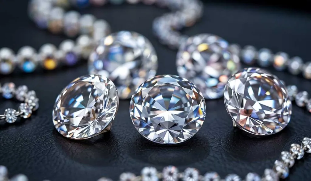 Five large, round-cut diamonds are displayed on a black surface, surrounded by strands of smaller, faceted gemstones.