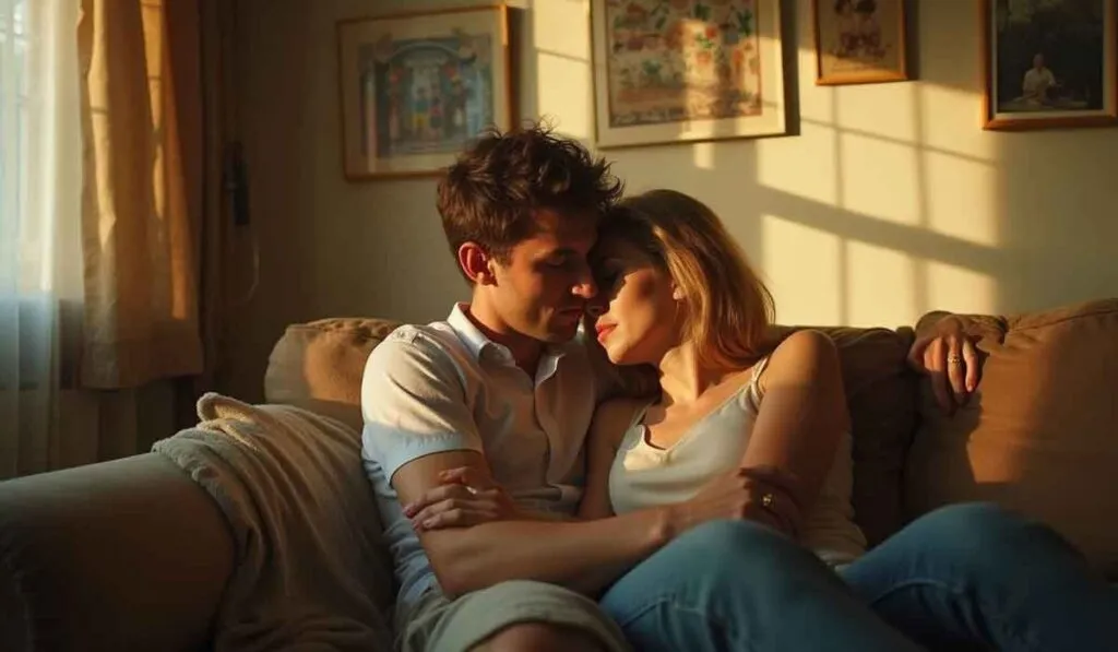 A couple sits closely together on a couch in a softly lit living room, with framed pictures on the wall and sunlight streaming through a window.