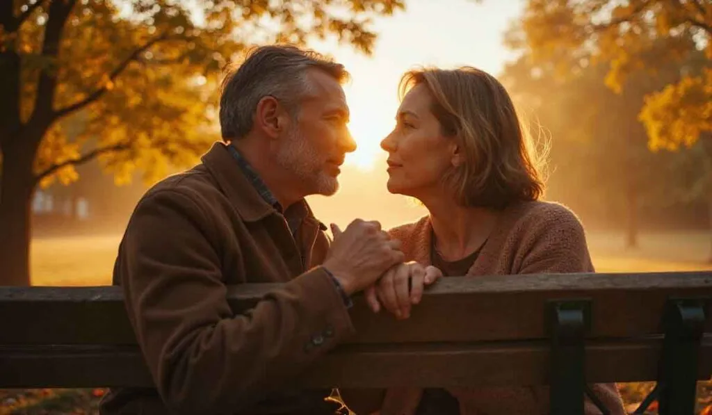 A middle-aged couple sits closely on a park bench at sunset, facing each other with gentle expressions. Autumn trees and soft sunlight are visible in the background.