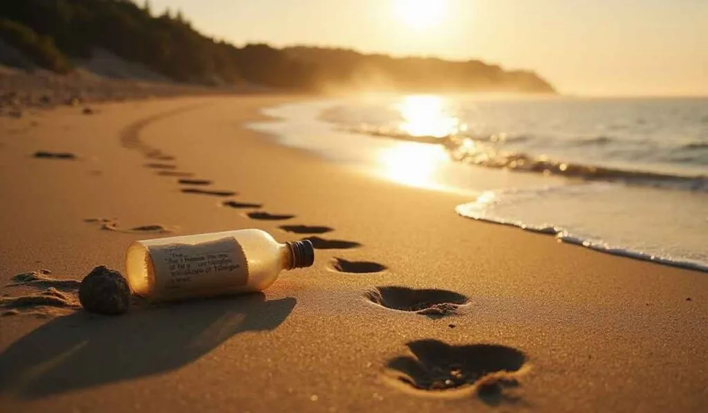 A glass bottle with a note inside rests on sandy beach near the shoreline, with footprints leading toward the water at sunset.