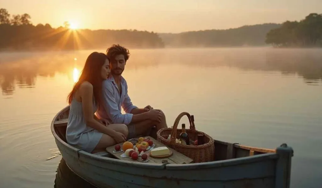 A couple sits in a small boat on a lake at sunset, with a picnic basket and food in front of them. The water is calm and misty, and trees line the shore in the background.