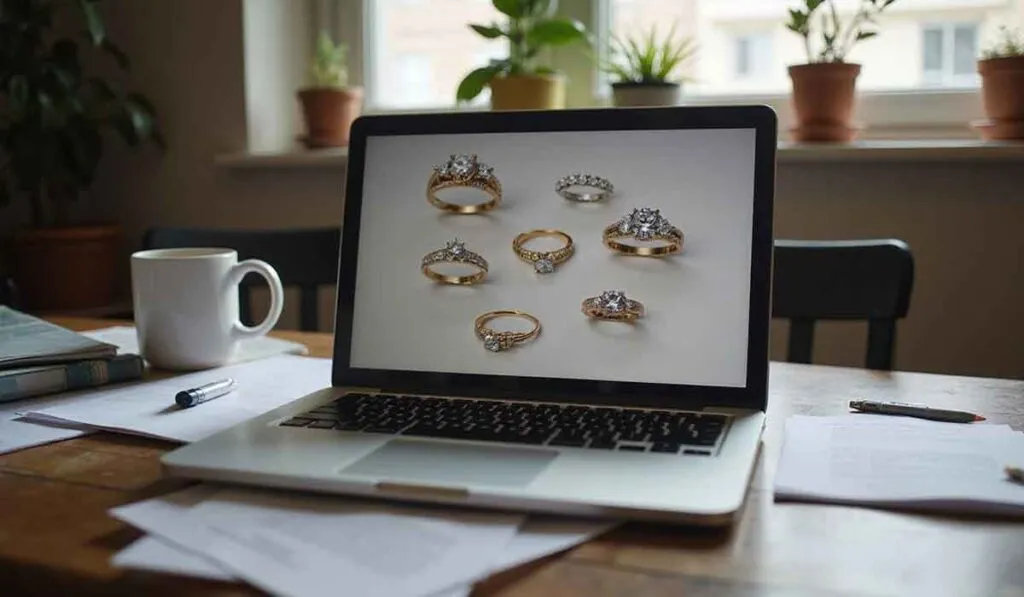A laptop on a wooden table displays images of diamond rings; nearby are a coffee mug, papers, books, and potted plants by a window in the background.