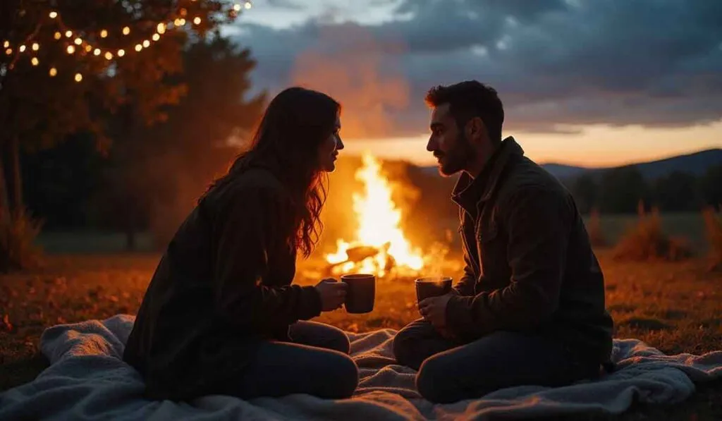 Two people sit facing each other on a blanket, holding mugs, with a campfire and string lights in the background at dusk.