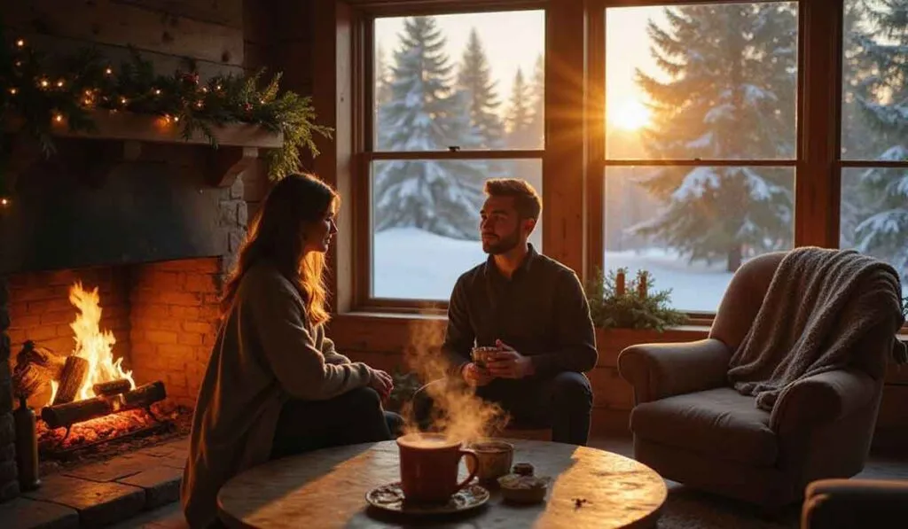 Two people sit by a lit fireplace in a cozy cabin, talking, with steaming cups on the table and snow-covered trees visible through the window at sunset.