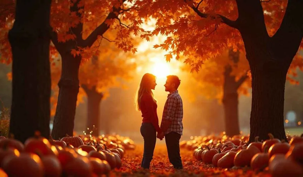 A couple stands facing each other and holding hands on a path lined with pumpkins and autumn trees, with the sun setting in the background.