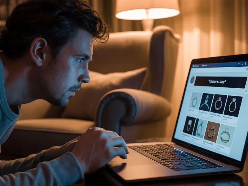 A man sits in a dimly lit room, looking intently at a laptop screen displaying an online store page featuring various rings.
