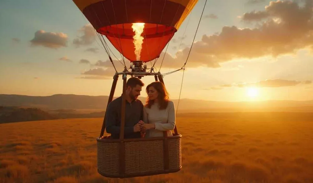 A couple stands in a hot air balloon basket holding hands, with flames above them, floating over a grassy field at sunset.