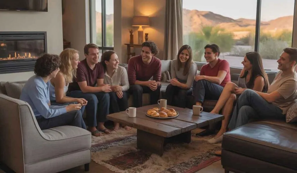 A group of nine people sit in a living room, talking and smiling around a coffee table with pastries and mugs. Large windows show a landscape with mountains and plants outside.