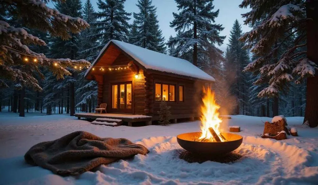 A log cabin with glowing lights stands in a snowy forest at dusk; a fire pit burns in the foreground with a blanket nearby.
