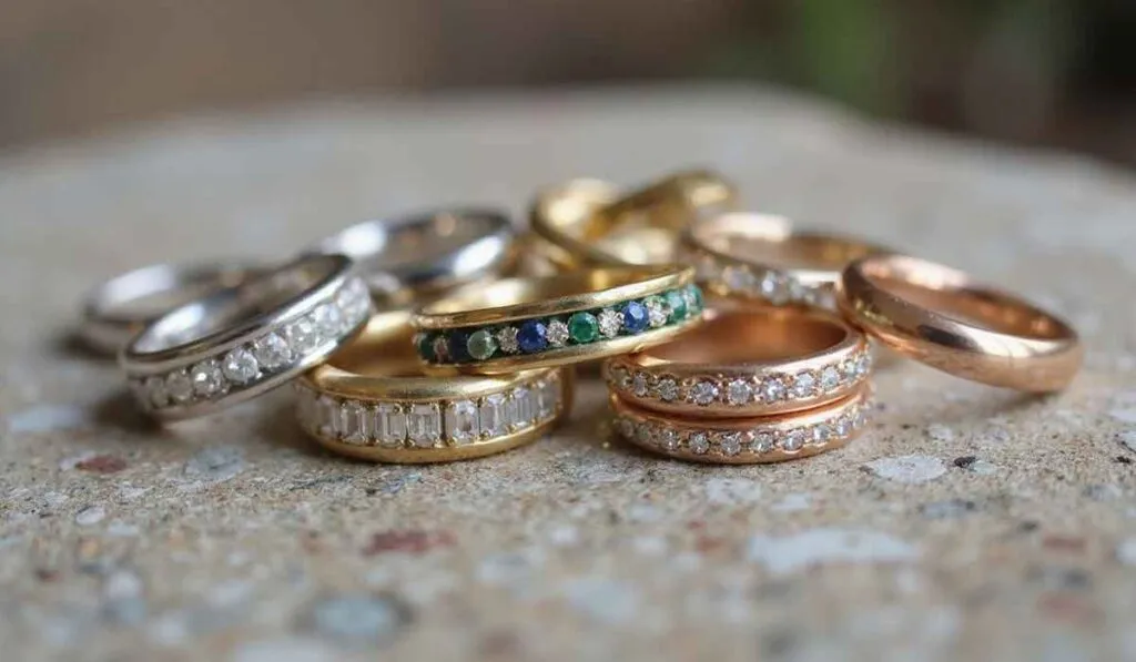 A collection of gold, silver, and rose gold rings with gemstone and diamond settings are arranged on a stone surface.