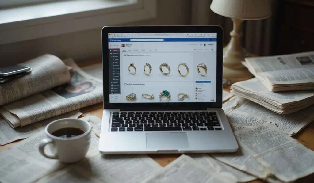 A laptop displaying a jewelry page is on a table surrounded by open books, newspapers, and a cup of coffee.