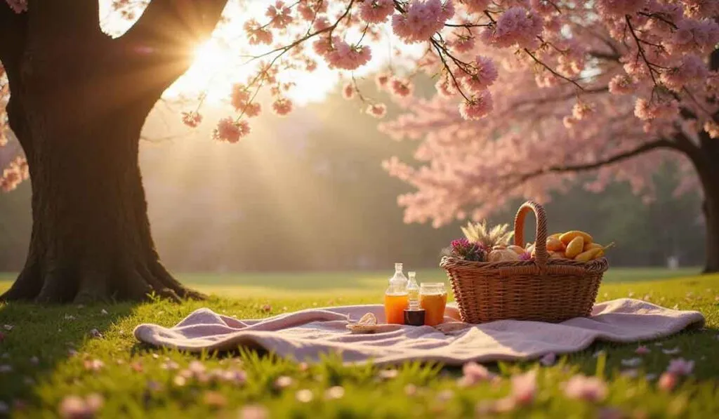 A picnic blanket with a basket of food and drinks is set under blooming cherry blossom trees in sunlight.